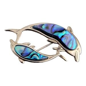 Silvertone Nautical Sea Life Dolphin Porpoise Blue Abalone Brooch Pin